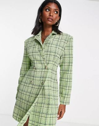 Asos Design + Double Breasted Blazer Mini Dress in Green Check Boucle