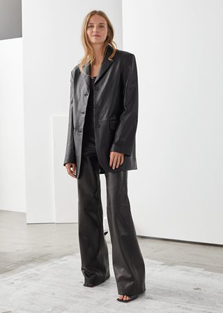 & Other Stories + Long Fitted Padded Shoulder Leather Blazer