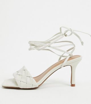 Who What Wear + Meara Woven Tie Up Heeled Sandals in White Leather