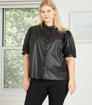 Who What Wear x Target + Faux Leather Puff Elbow Sleeve Button-Down Shirt