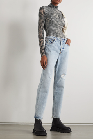 Ganni + Puppytooth Stretch-Mesh Turtleneck Top