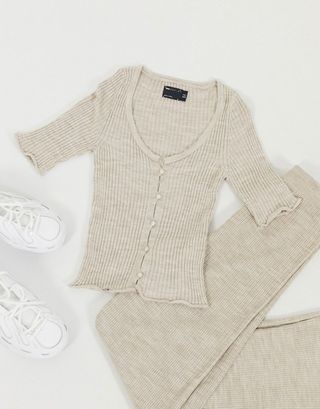 ASOS Design + Two-Piece Rib Cardigan With Short Sleeve in Oatmeal
