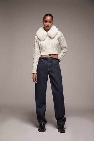 Zara + Faux Fur Trim Knit Cardigan