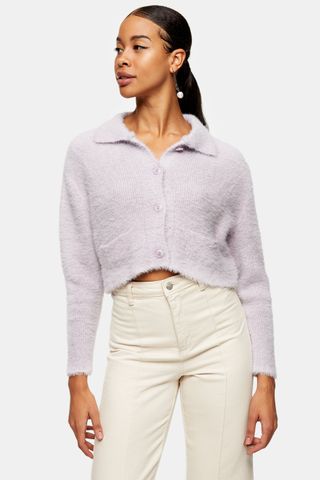 Topshop + Lilac Knitted Ribbed Polo Cardigan