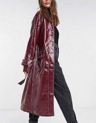 ASOS Design + Tall Vinyl Trench Coat With Contrast Stitching in Oxblood