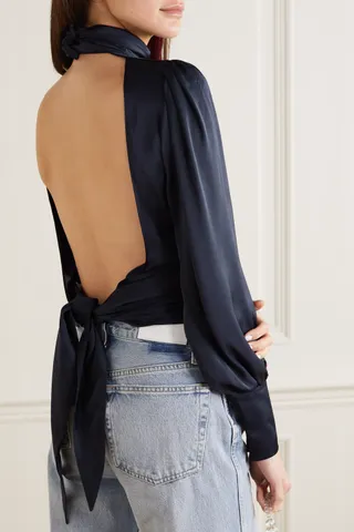 Orseund Iris + Night Out Open-Back Ruched Satin Blouse