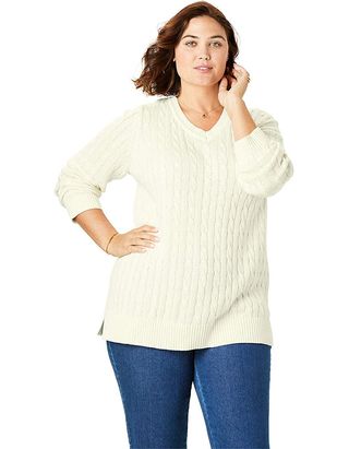 Woman Within + Cable Knit V-Neck Pullover Sweater