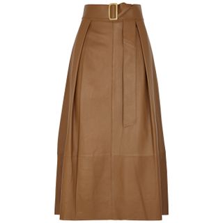 Vince + Brown Belted Leather Midi Skirt