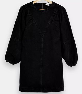 Topshop + Washed Black Denim Puff Sleeve Mini Dress