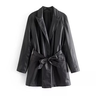 Etsy + Chic Black Faux Leather Notched Collar Belted Blazer