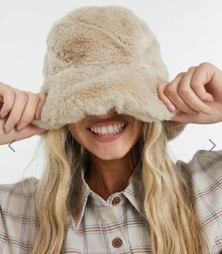 ASOS Design + Faux-Fur Bucket Hat in Stone
