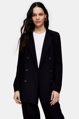 Topshop + Black Twill Double Breasted Suit Blazer