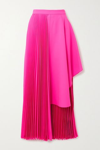 Christopher John Rogers + Asymmetric Pleated Neon Wool-Blend Midi Skirt