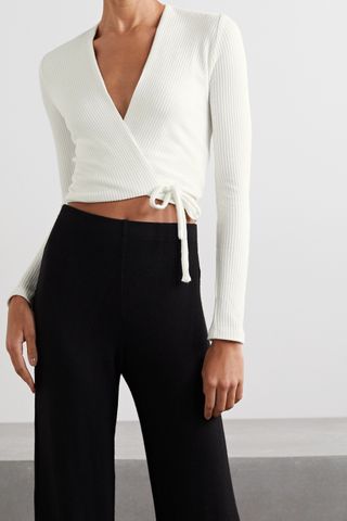 Leset + Alex Cropped Ribbed Stretch-Knit Wrap Top