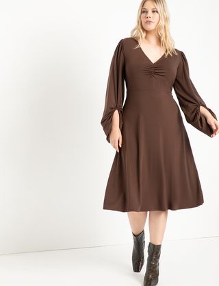 Eloquii + Ruched Front Dress With Puff Sleeve