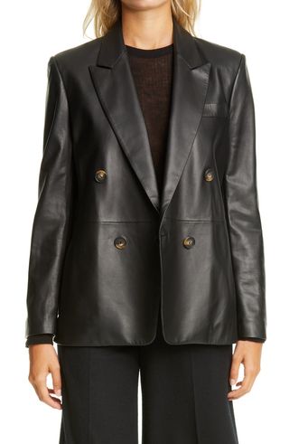 Vince + Double Breasted Leather Blazer