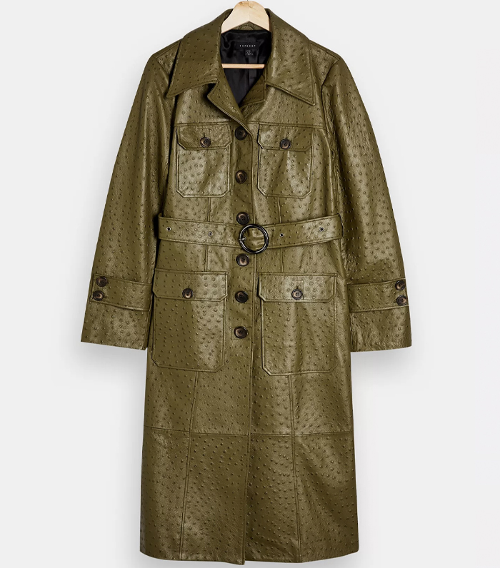 Topshop + Idol Khaki Leather Crocodile Print Trench