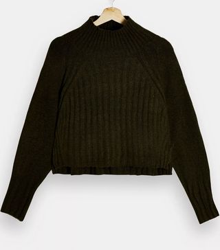 Topshop + Khaki Ribbed Cropped Knitted Jumper