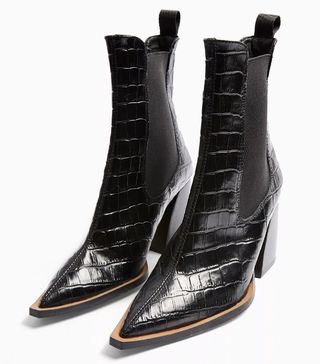 Topshop + Harry Leather Black Crocodile Chelsea Boots