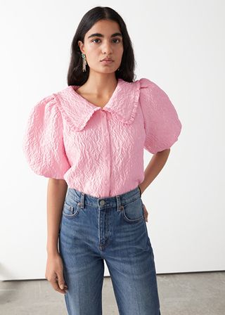 & Other Stories + Textured Ruffle Collar Puff Sleeve Top