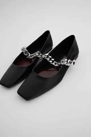 Zara + Flat Leather Shoes With Chain