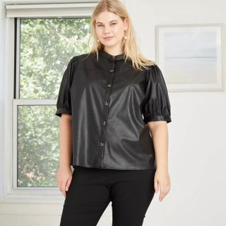 Who What Wear x Target + Faux Leather Puff Elbow Sleeve Button-Down Shirt