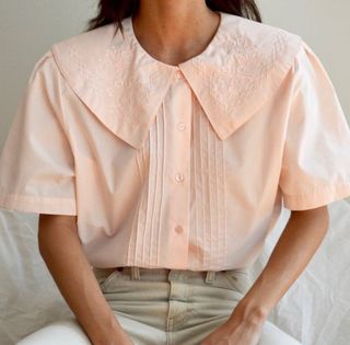 Etsy + Pale Pink Pintuck Large Collar Short Sleeve Blouse