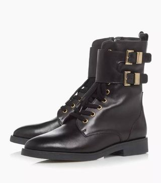 Dune + Pictor Black Double Buckle Flat Ankle Boots