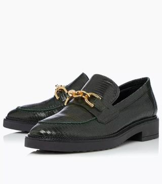 Dune + Gisella Green Chain Detail Leather Loafers