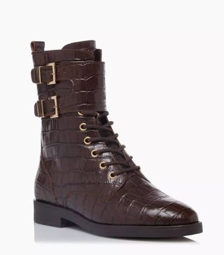 Dune + Pictor Brown Double Buckle Flat Ankle Boots