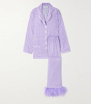 Sleeper + Feather-Trimmed Gingham Crepe De Chine Pajama Set