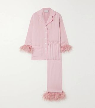 Sleeper + Feather-Trimmed Crepe De Chine Pajama Set