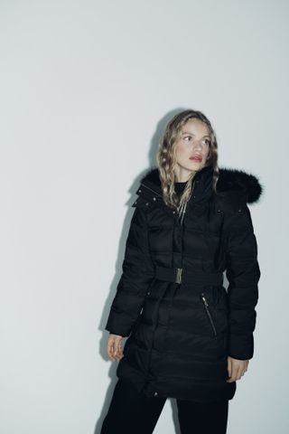 Zara + Hooded Puffer Down Jacket With Faux Fur