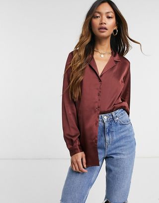 ASOS + Relaxed Satin Long Sleeve Shirt in Berry