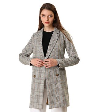 Allegra K + Double Breasted Plaid Trench Blazer