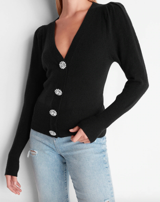 Express + Jewel Embellished Button Up Puff Sleeve Cardigan