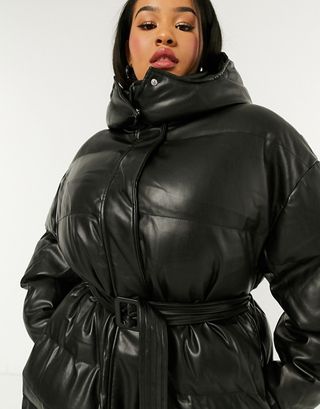 ASOS + Leather Look Belted Puffer Jacket in Black