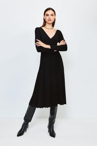Karen Millen + Wrap Pleated Skirt Knitted Dress