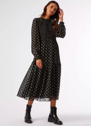 Dorothy Perkins + Black Spot Print Shirred Midi Skater Dress