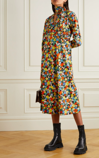 Ganni + Tie-Neck Floral-Print Cotton-Poplin Midi Dress