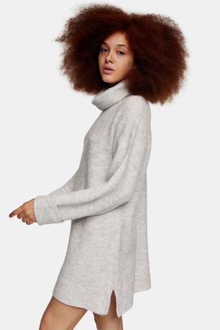Topshop + Grey Marl Plaited Funnel Knitted Sweater Mini Dress