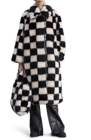 Stand Studio + Nino Long Checkerboard Faux Fur Coat