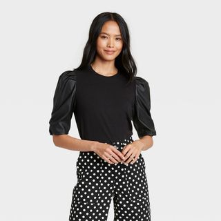 Who What Wear x Target + Faux Leather Puff Sleeve T-Shirt