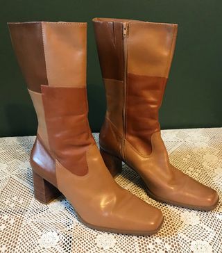 Vintage + Brown Color Block Boots Leather With Block Heel