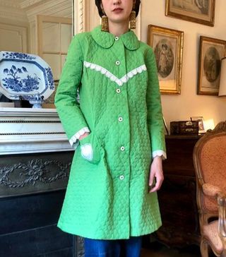 Vintage + 1960s Bright Green Quilted Cotton Robe Lightweight Coat Peter