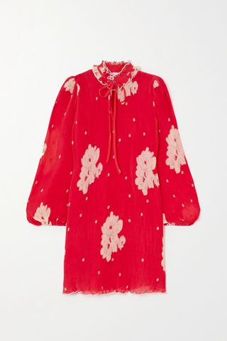 Ganni + Ruffled Floral-Print Plissé-Georgette Mini Dress