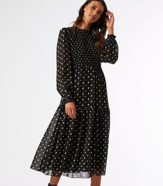 Dorothy Perkins + Black Spot Print Shirred Midi Skater Dress