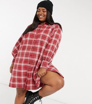 ASOS + Curve Oversized Boyfriend Mini Shirt Dress in Red and White Check