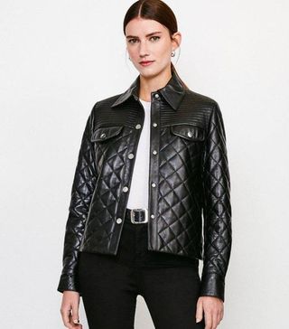 Karen Millen + Leather Quilted Multi Stitch Pocket Jacket