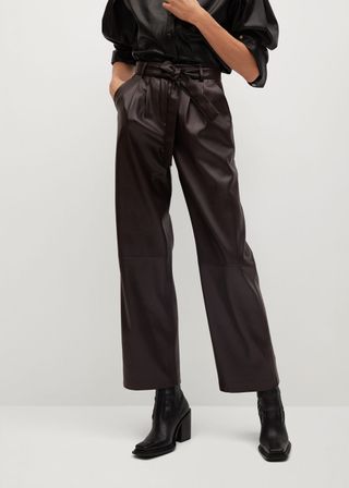 Mango + Leather Effect Straight Trousers